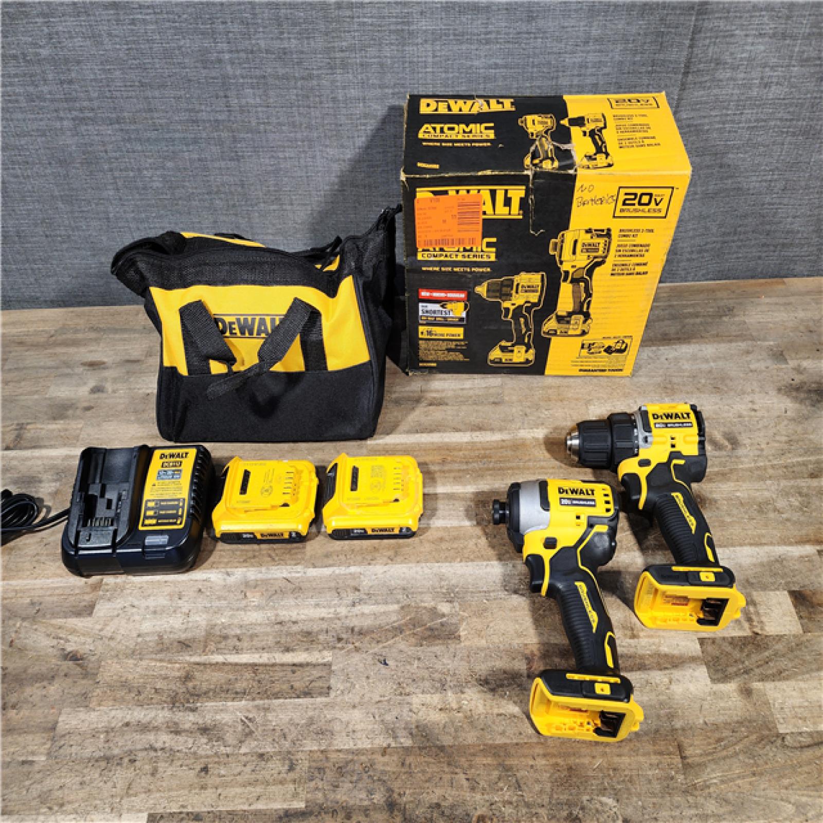 HOUSTON LOCATION - AS-IS Dewalt DCK225D2 20V MAX ATOMIC Brushless Compact Lithium-Ion 1/2 in. Cordless Drill Driver and 1/4 in. Impact Driver Combo Kit with 2 Batteries 2 Ah
