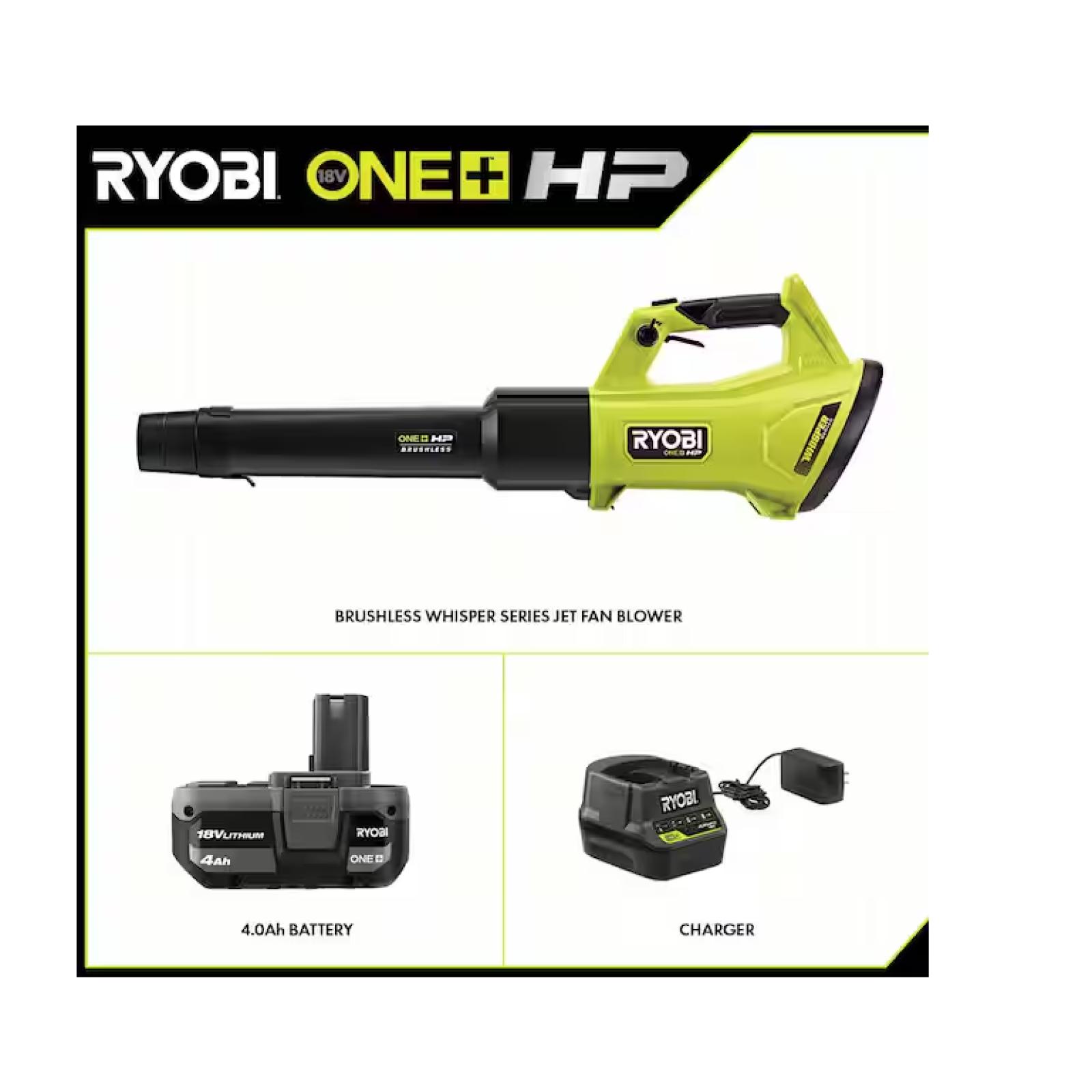 NEW! - RYOBI ONE+ HP 18V Brushless Whisper Series 130 MPH 450 CFM Cordless Battery Leaf Blower