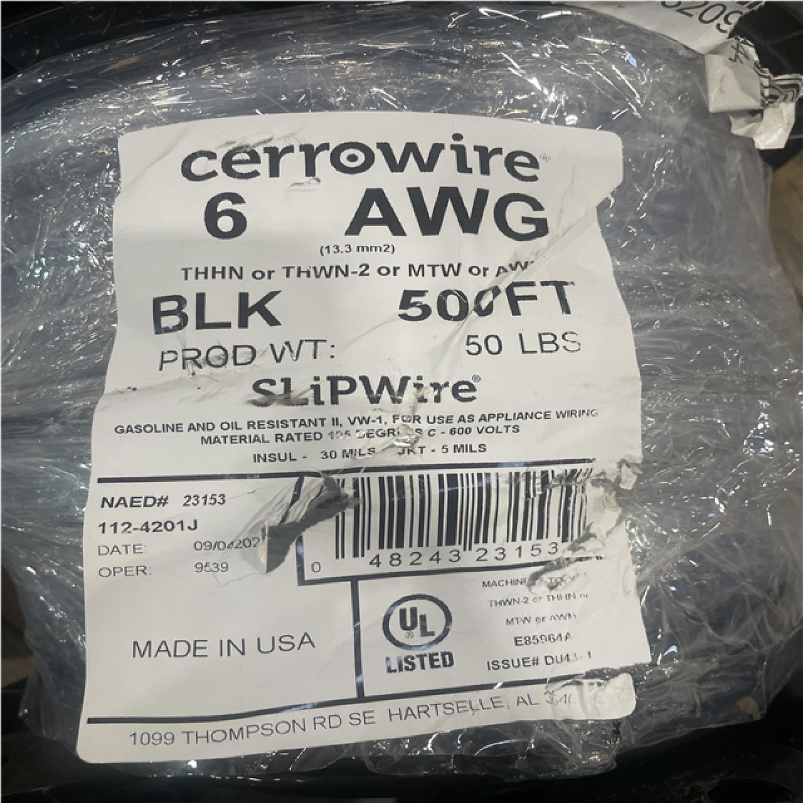 DALLAS LOCATION- CERROWIRE 500 ft. 6 Gauge Black Stranded Copper THHN Wire