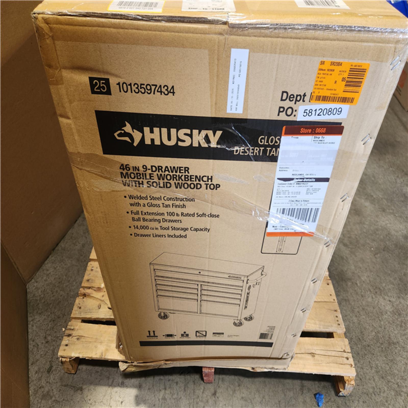Phoenix LIKE NEW Husky Standard Duty 46 in. W x 18 in. D 9-Drawer Gloss Tan Mobile Workbench Cabinet with Solid Wood Top