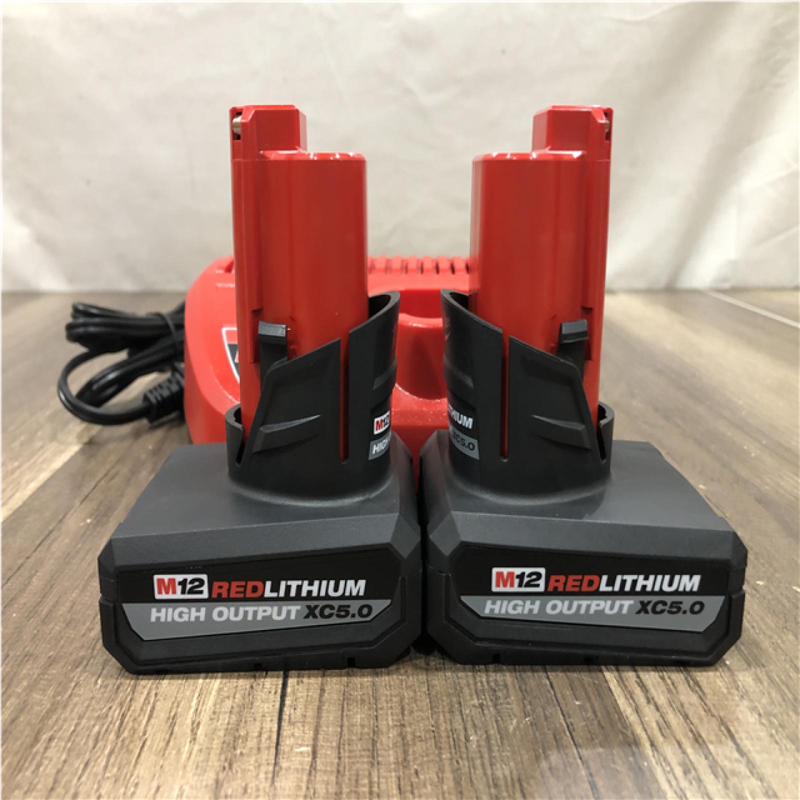as-is Milwaukee 12V Lithium-Ion XC High Output 5.0 Ah Battery Pack (2-Pack) Starter Kit with Charger