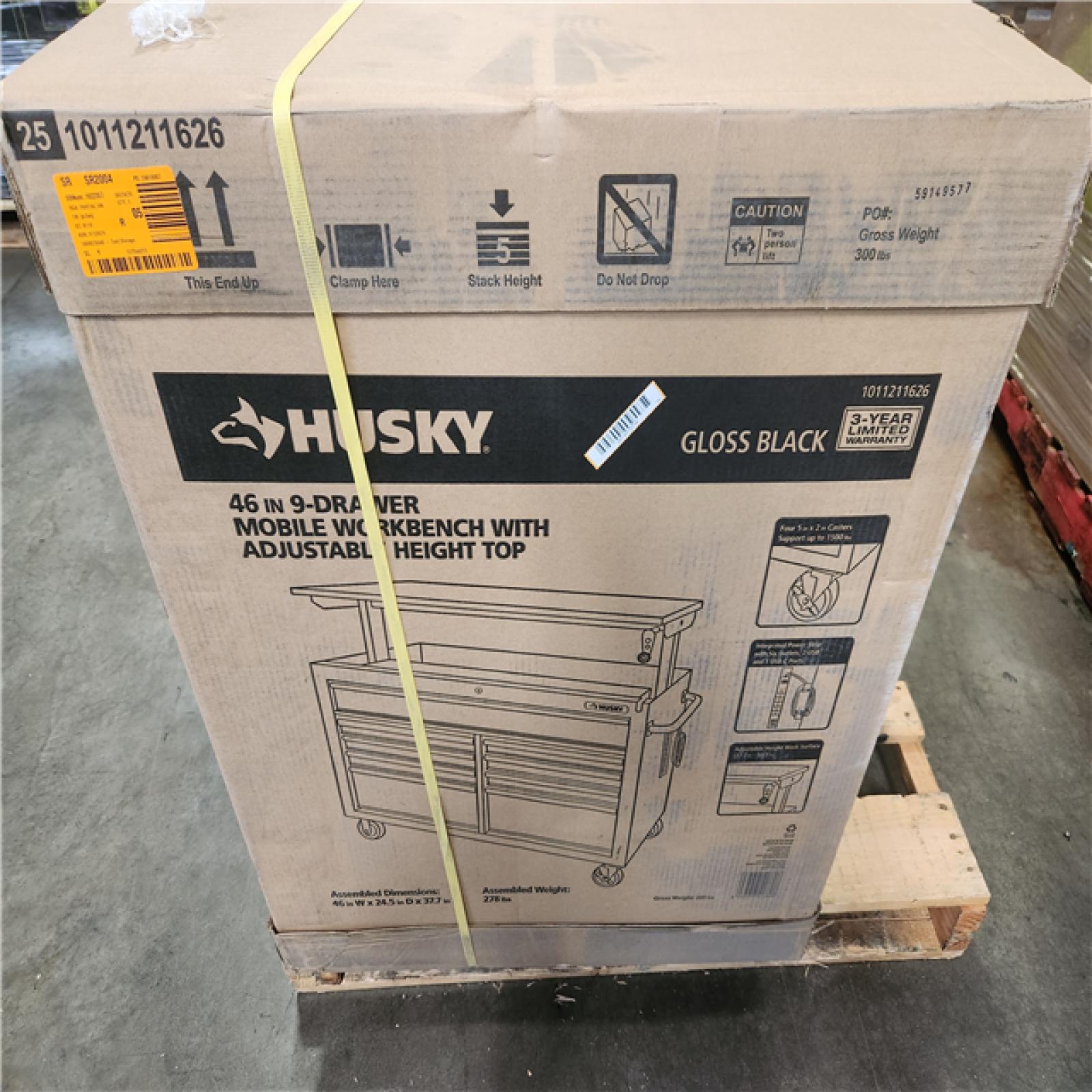 Phoenix NEW Husky 46 in. x 25 in. D 9-Drawer Mobile Workbench with Adjustable Height Wood Top in Gloss Black
