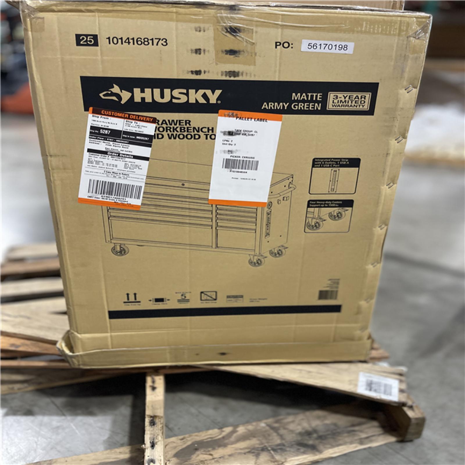 DALLAS LOCATION - Husky Standard-Duty 52 in. W 10-Drawer Matte Army Green Mobile Workbench Cabinet with Solid Wood Top