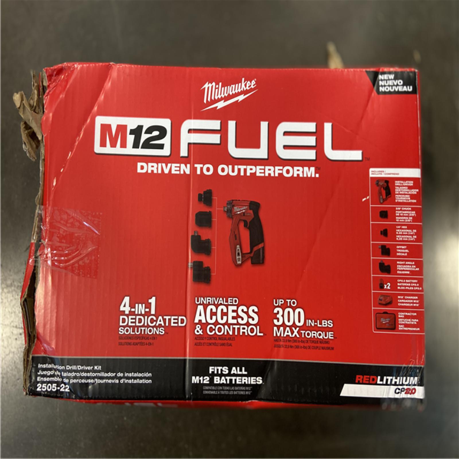 AS-IS Milwaukee M12 FUEL 12V Lithium-Ion Brushless Cordless 4-in-1 Installation 3/8 in. Drill Driver Kit with 4-Tool Heads