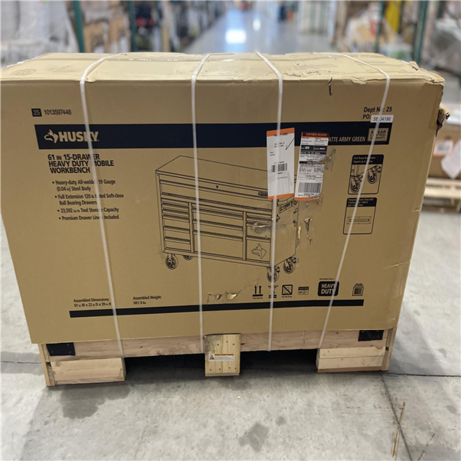 DALLAS LOCATION- Husky Heavy Duty 61 in. W x 23 in. D 15-Drawer Matte Army Green Mobile Workbench Cabinet with Solid Wood Top