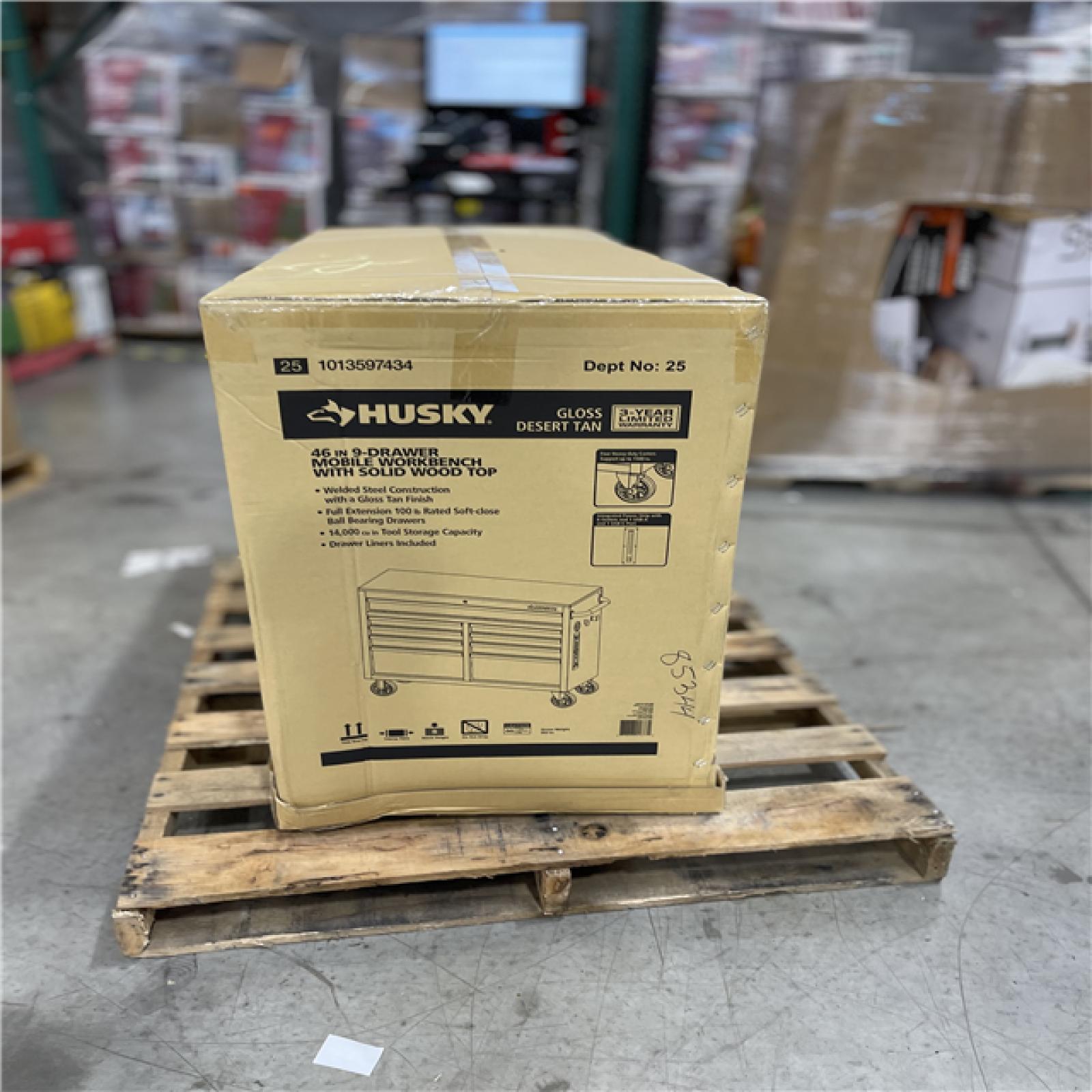 DALLAS LOCATION- NEW!- Husky Standard Duty 46 in. W x 18 in. D 9-Drawer Gloss Tan Mobile Workbench Cabinet with Solid Wood Top