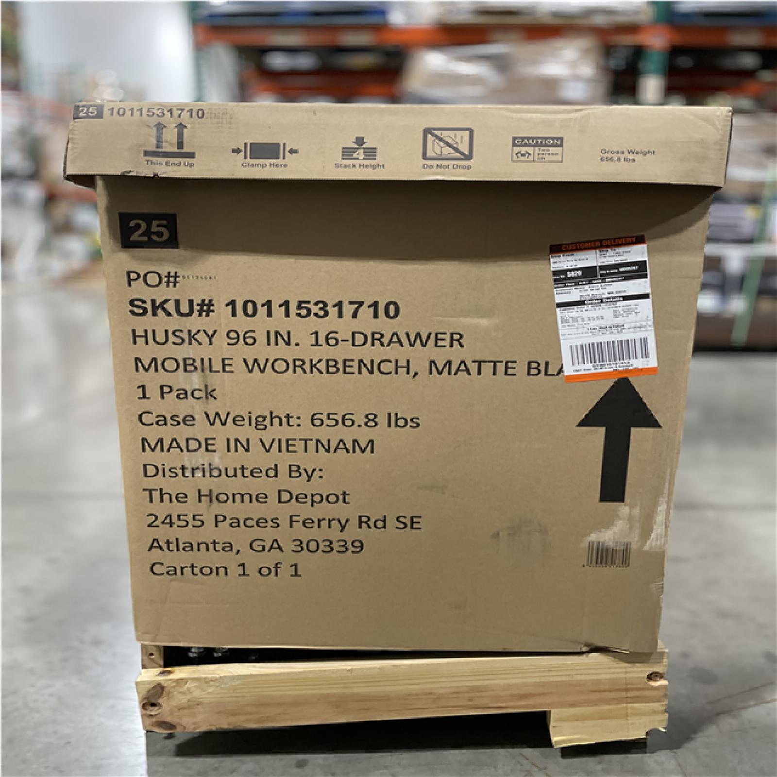 DALLAS LOCATION- HUSKY 96 in. W x 24 in. D 16-Drawer Heavy-Duty Mobile Workbench with Stainless Steel Top in Matte Black