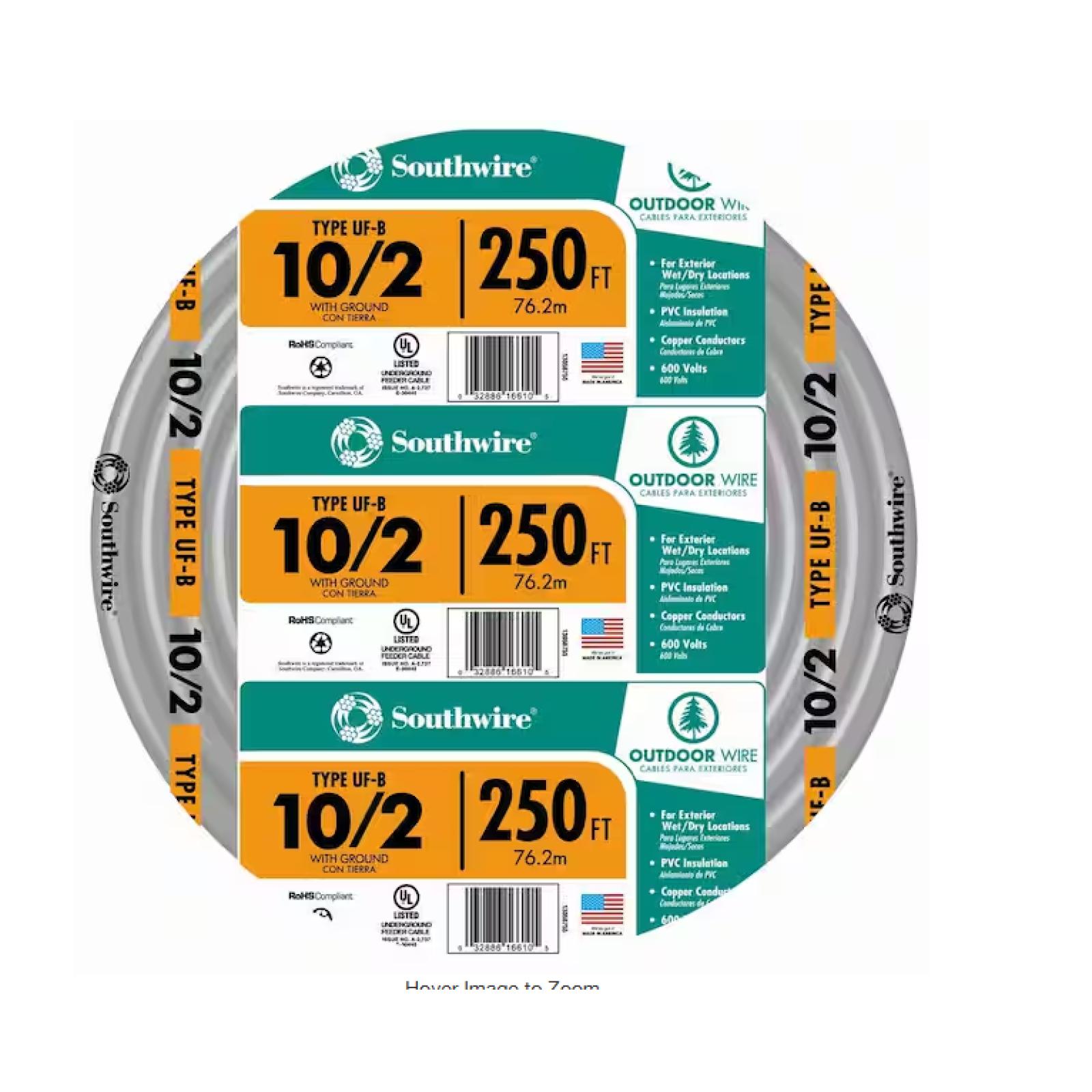 NEW! - Southwire 250 ft. 10/2 Gray Solid CU UF-B W/G Wire