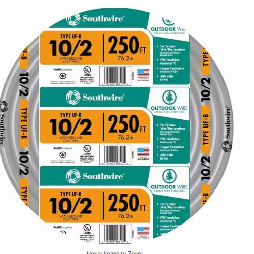 NEW! - Southwire 250 ft. 10/2 Gray Solid CU UF-B W/G Wire