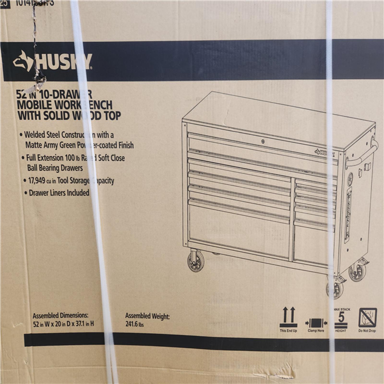 Phoenix NEW Husky Standard-Duty 52 in. W 10-Drawer Matte Army Green Mobile Workbench Cabinet with Solid Wood Top (SEALED)