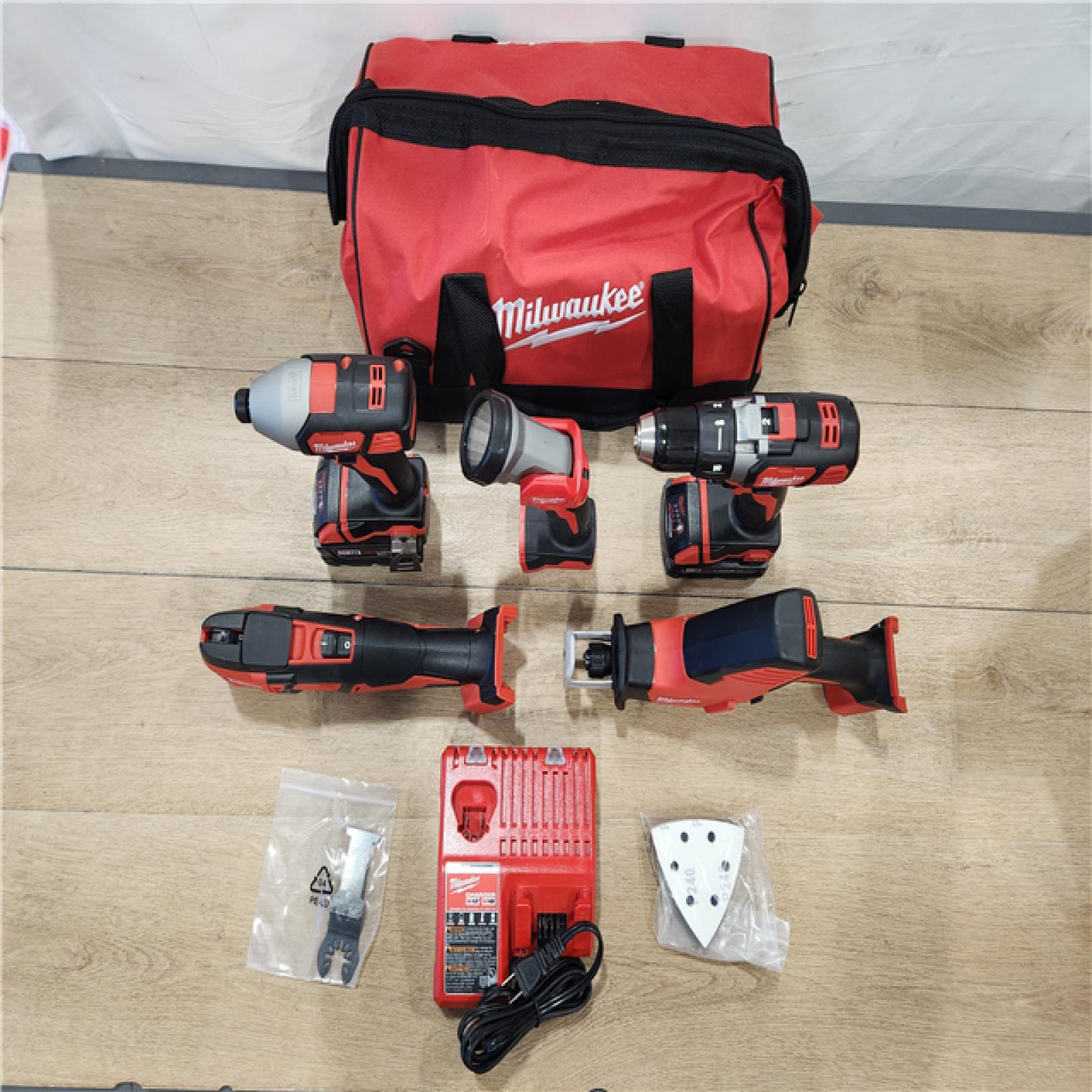 AS-IS- M18 18V Lithium-Ion Cordless Combo Kit (5-Tool) with (2) Batteries  Charger and Tool Bag