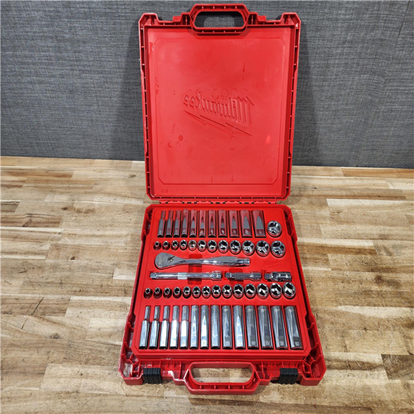 HOUSTON LOCATION - AS - IS Milwaukee 3/8 in. Drive SAE/Metric Ratchet and Socket Mechanics Tool Set (56-Piece)