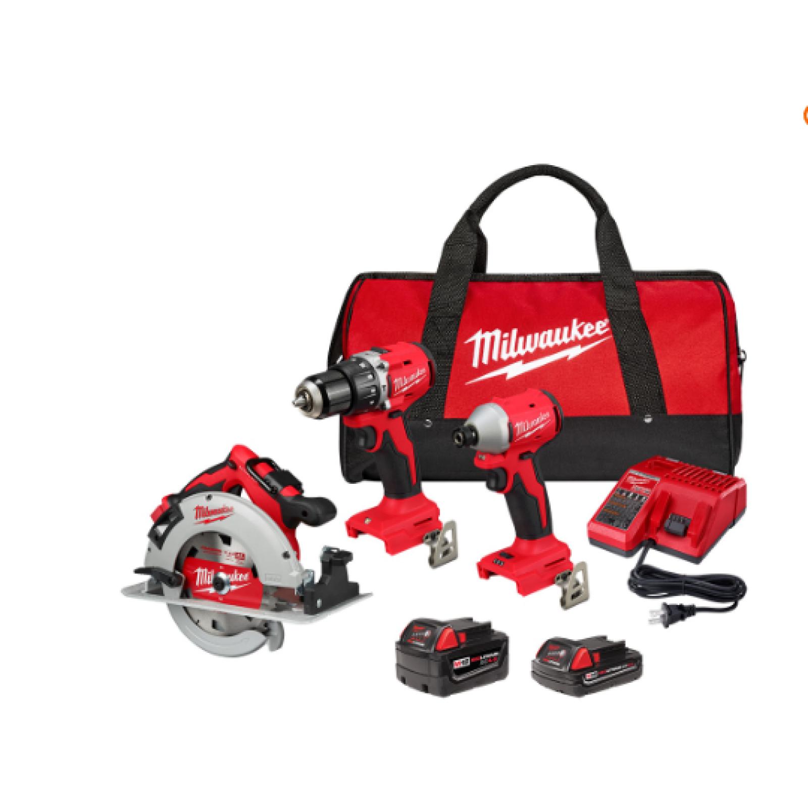 NEW! - Milwaukee Tool M18 18V Li-Ion Brushless Cordless Hammer Drill, Impact Driver, and Circ Saw Combo Kit