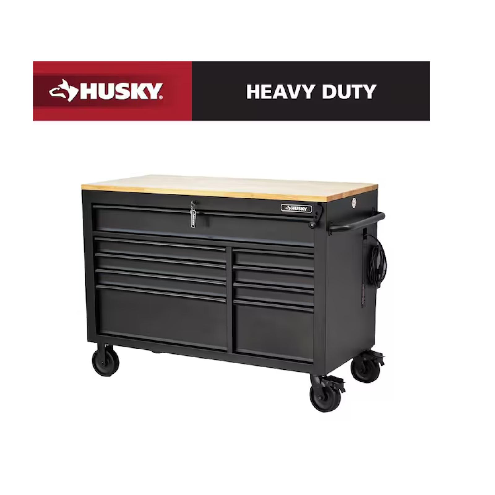 DALLAS LOCATION - Husky 52 in. W x 25 in. D Heavy Duty 9-Drawer Mobile Workbench Cabinet with Adjustable-Height Hardwood Top in Matte Black