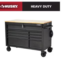 DALLAS LOCATION - Husky 52 in. W x 25 in. D Heavy Duty 9-Drawer Mobile Workbench Cabinet with Adjustable-Height Hardwood Top in Matte Black