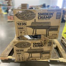 DALLAS LOCATION - Char-Griller Smokin' Champ Charcoal Grill Offset Smoker in Black with Charcoal Tray and Dual Damper Controls 2 UNITS