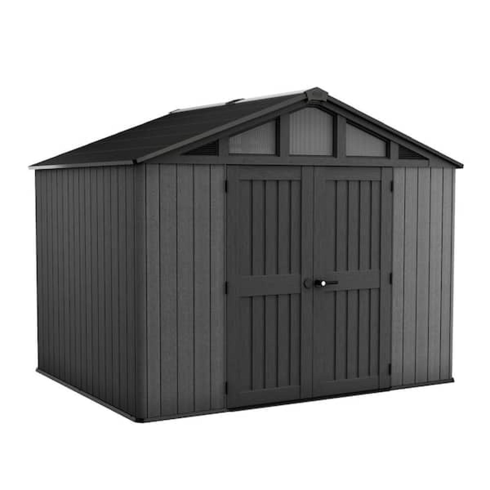 Phoenix NEW KETER stronghold 2.0 10 ft. W x 8 ft. D Resin Plastic Outdoor Storage Shed with Floor (74 sq. ft.) in Grey With 3.5 ft. Extension Kit