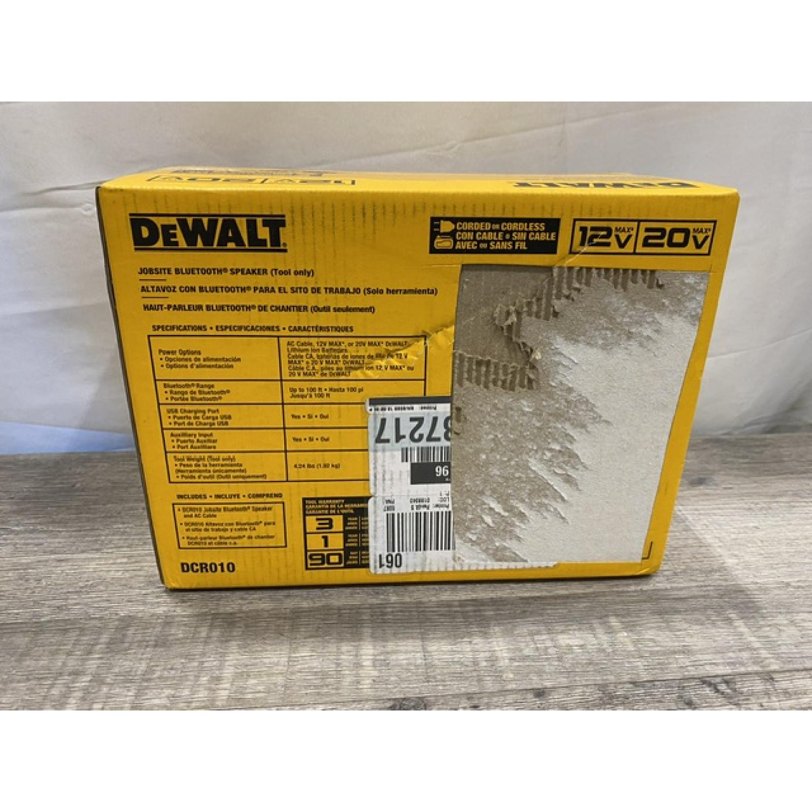 NEW - DEWALT 20V MAX Cordless Bluetooth Speaker (Tool Only)