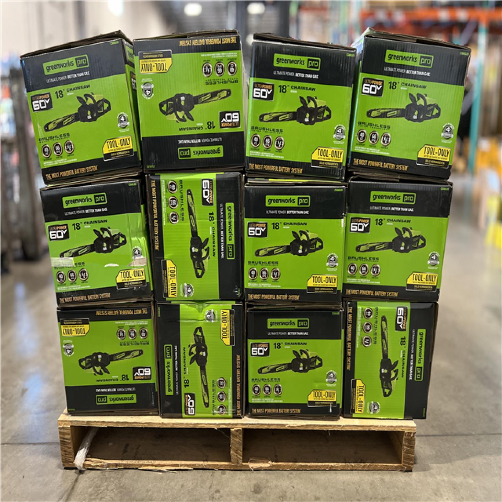 DALLAS LOCATION - Greenworks 18 in. 60V Cordless Chainsaw, Battery and Charger Not Included PALLET -(15 UNITS)