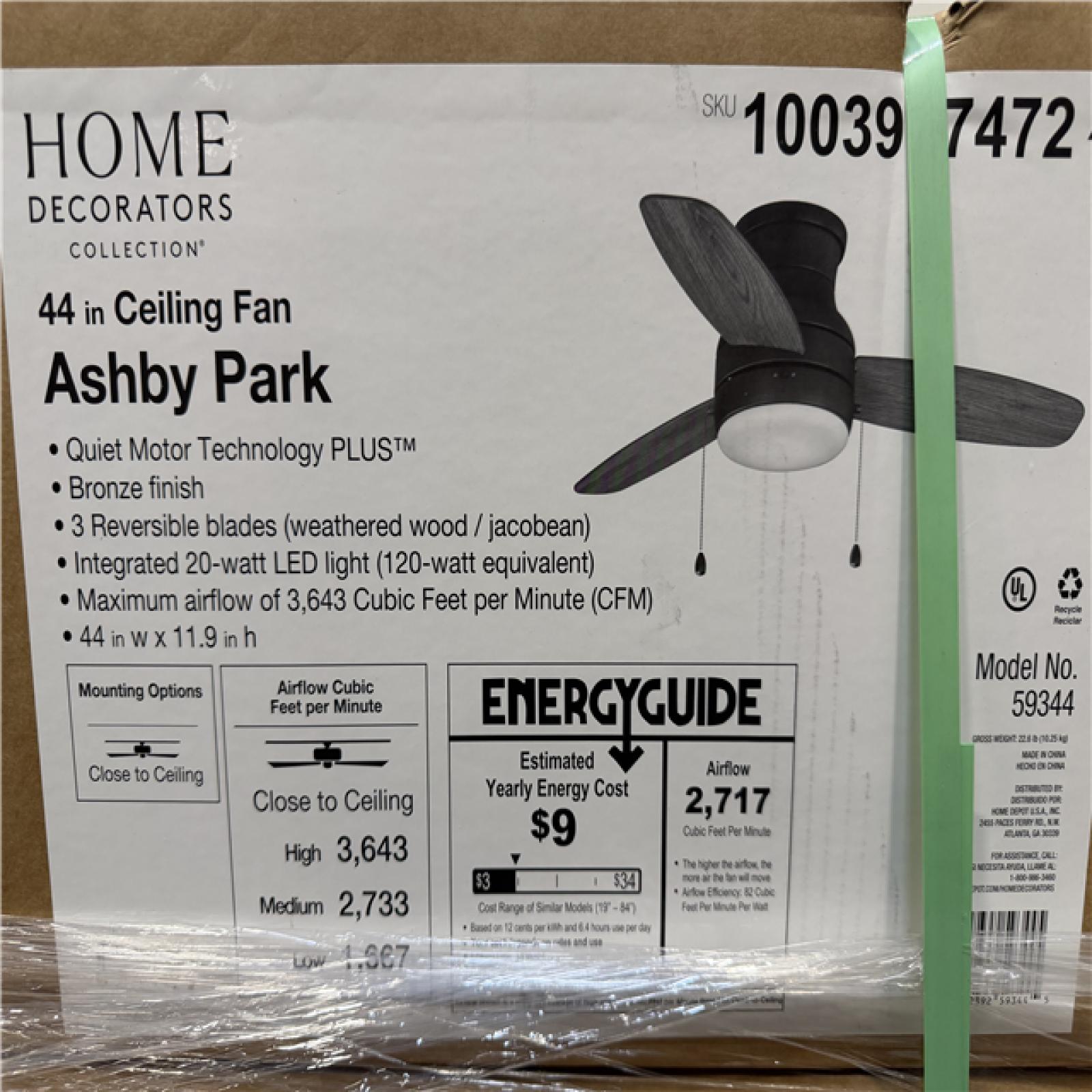 DALLAS LOCATION - Home Decorators Collection Ashby Park 44 in. White Color Changing Integrated LED Bronze Ceiling Fan with Light Kit and 3 Reversible Blades PALLET-(30 UNITS)