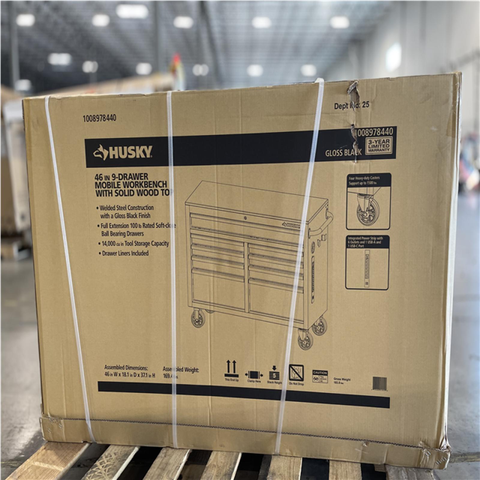 DALLAS LOCATION- AS-IS HUSKY 46 in. W x 18 in. D 9-Drawer Mobile Workbench Cabinet Gloss Black/Woodtop