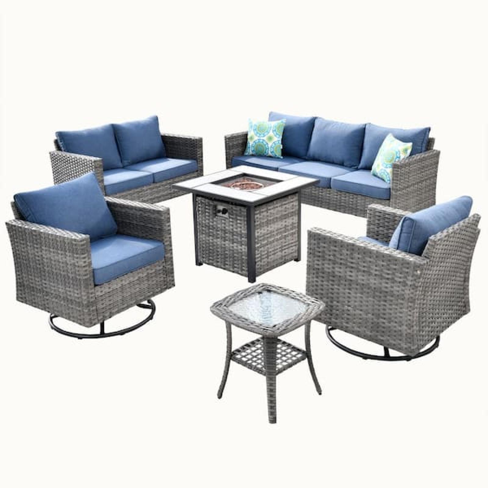 Phoenix XIZZI Michigan 6-Piece Wicker Outdoor Patio Fire Pit with Denim Blue Cushions Swivel Rocking Chairs (Sofa Not Included)