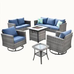 Phoenix XIZZI Michigan 6-Piece Wicker Outdoor Patio Fire Pit with Denim Blue Cushions Swivel Rocking Chairs (Sofa Not Included)