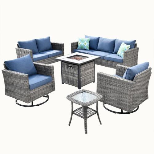 Phoenix XIZZI Michigan 6-Piece Wicker Outdoor Patio Fire Pit with Denim Blue Cushions Swivel Rocking Chairs (Sofa Not Included)