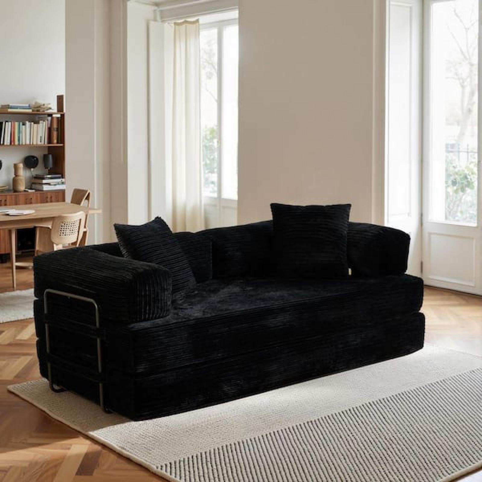 Phoenix AS-IS Allwex Mega 80 in. Black Corduroy King Size Convertible Sleeper Loveseat Lounge Modular Folding Sofa Bed with Pillow