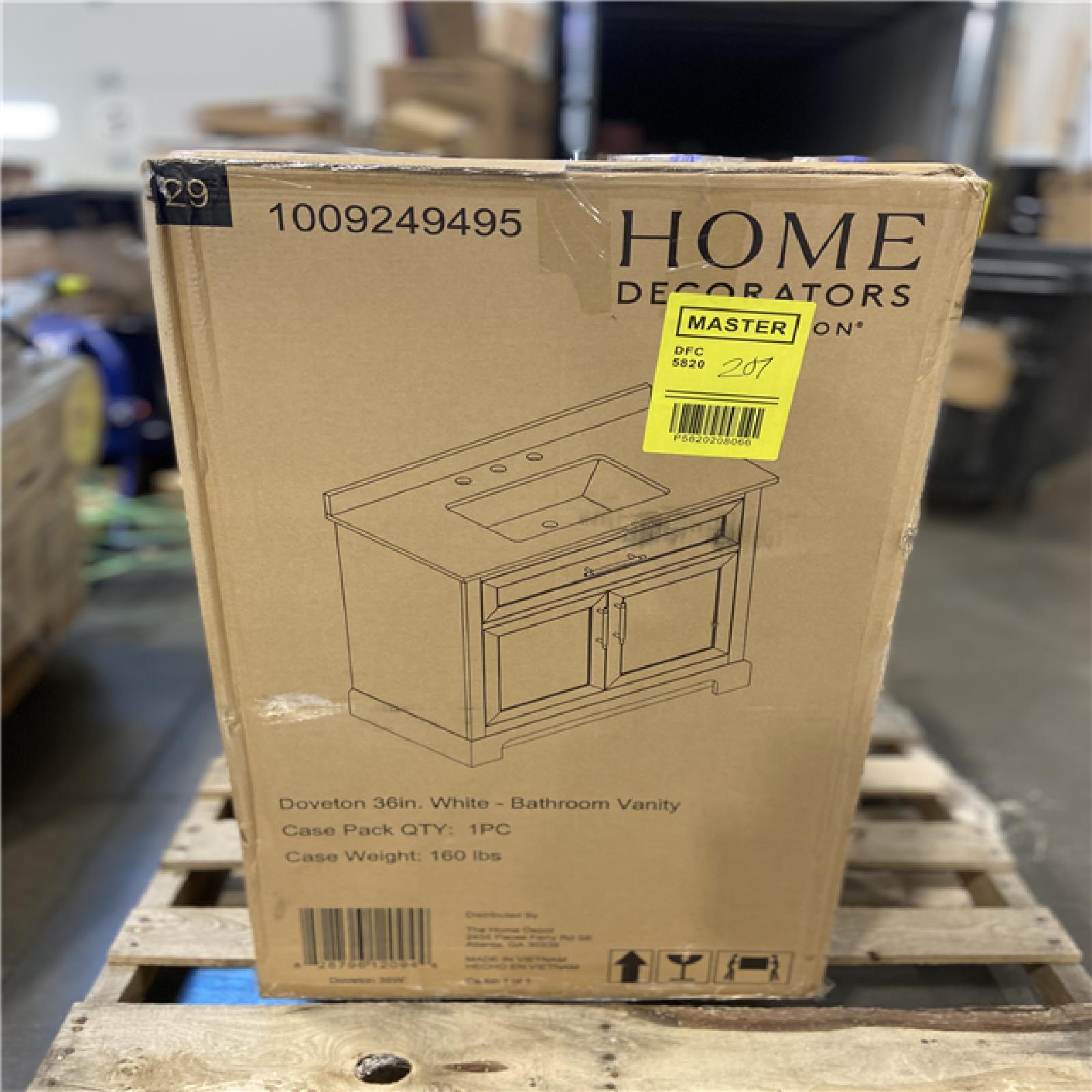 DALLAS LOCATION - Home Decorators Collection Doveton 36 in. Single Sink Freestanding White Bath Vanity with White Engineered Marble Top (Assembled)