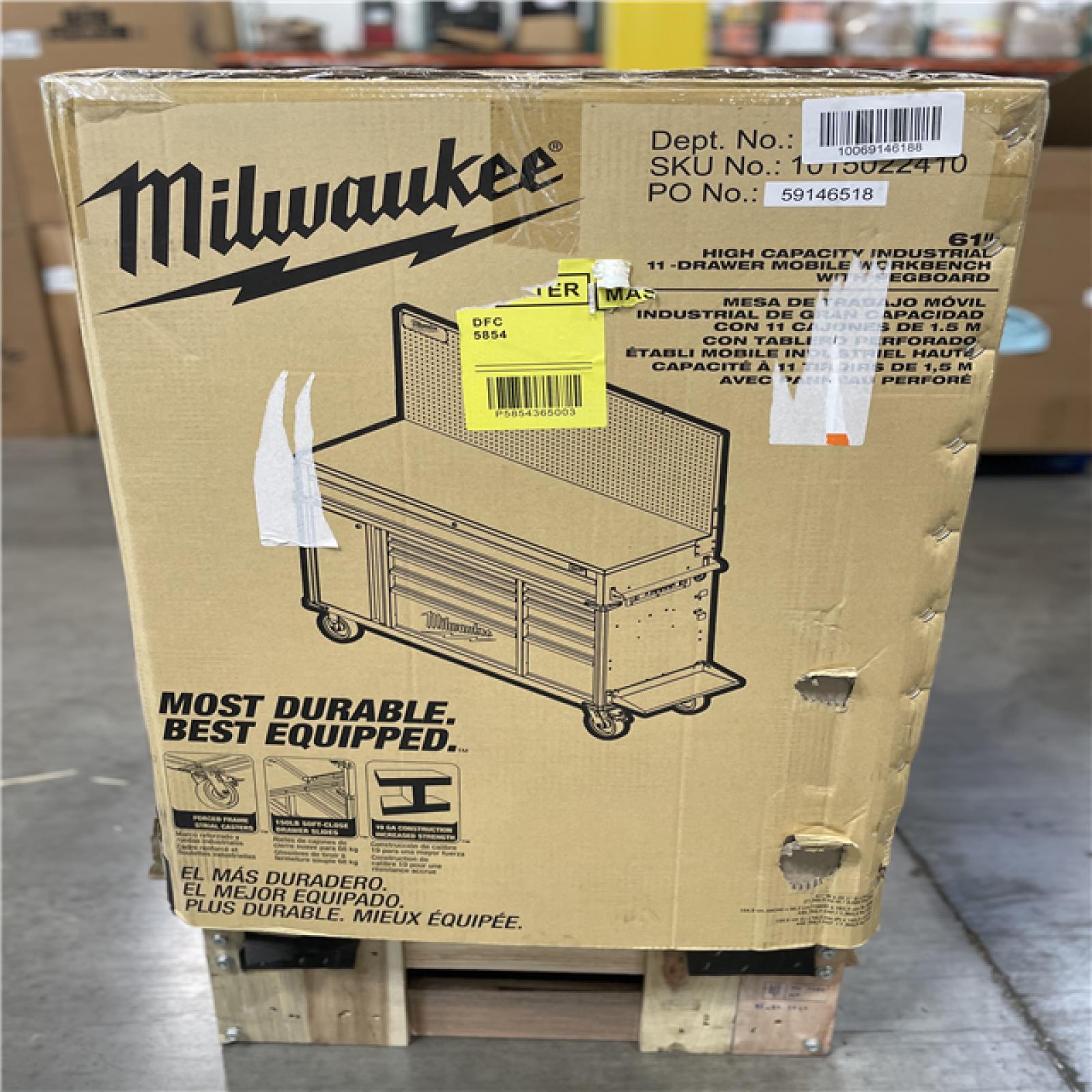 DALLAS LOCATION- AS-IS MILWAUKEE 61 in. W x 22.1 in D 11-Drawer Mobile Workbench Cabinet w/ WoodTop / Pegboard