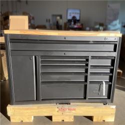 DALLAS LOCATION - Husky 61 in. W x 26 in. D Heavy Duty 10-Drawer 1-Door Mobile Workbench with Hardwood Top  Pegboard and Shelf in Matte Black