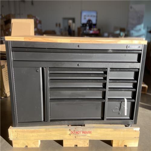 DALLAS LOCATION - Husky 61 in. W x 26 in. D Heavy Duty 10-Drawer 1-Door Mobile Workbench with Hardwood Top  Pegboard and Shelf in Matte Black