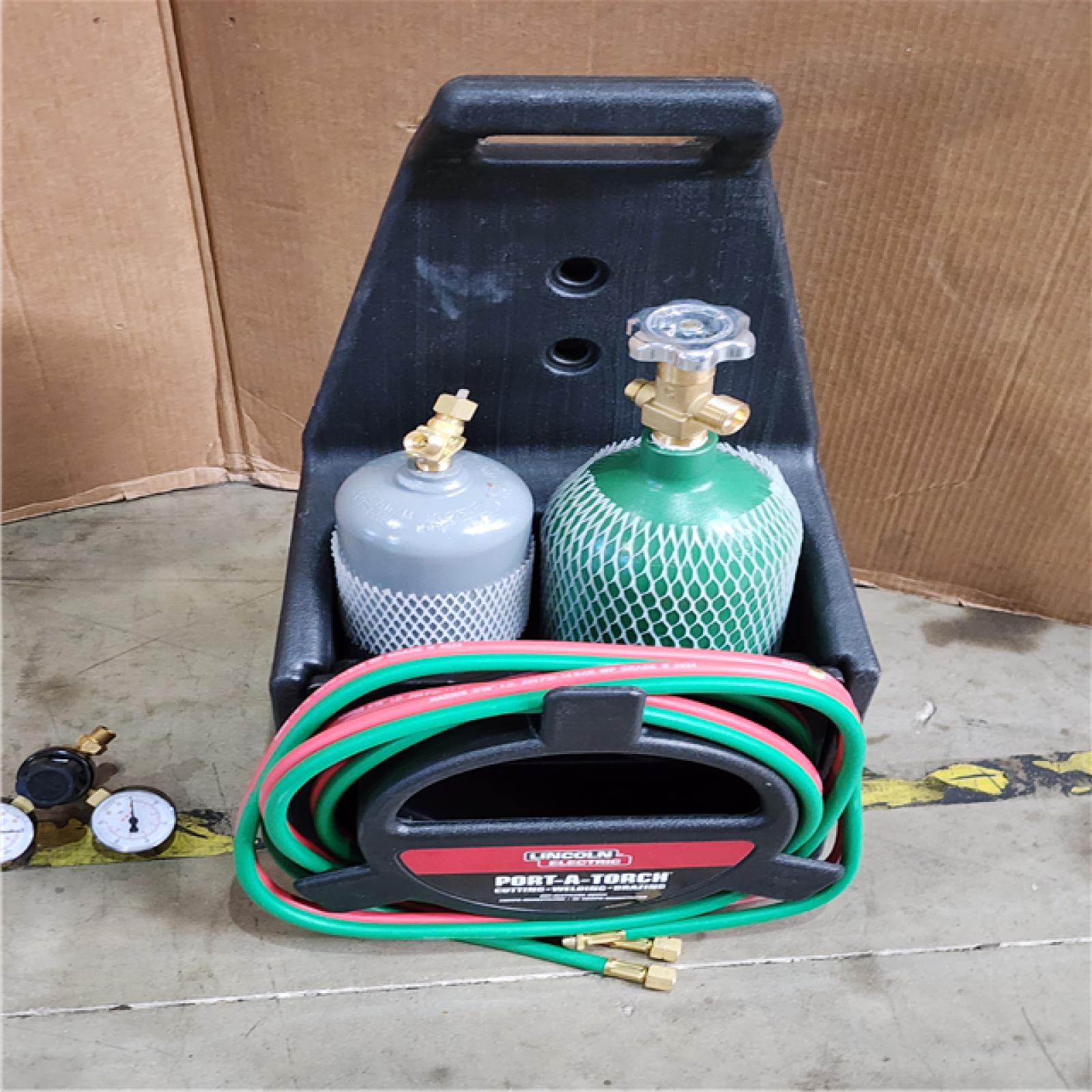 HOUSTON LOCATION - AS-IS Lincoln Electric Port-a-Torch Kit with Oxygen and Acetylene Tanks and 3/16 in. X 12 Ft. Hose for Cutting Welding and Brazing