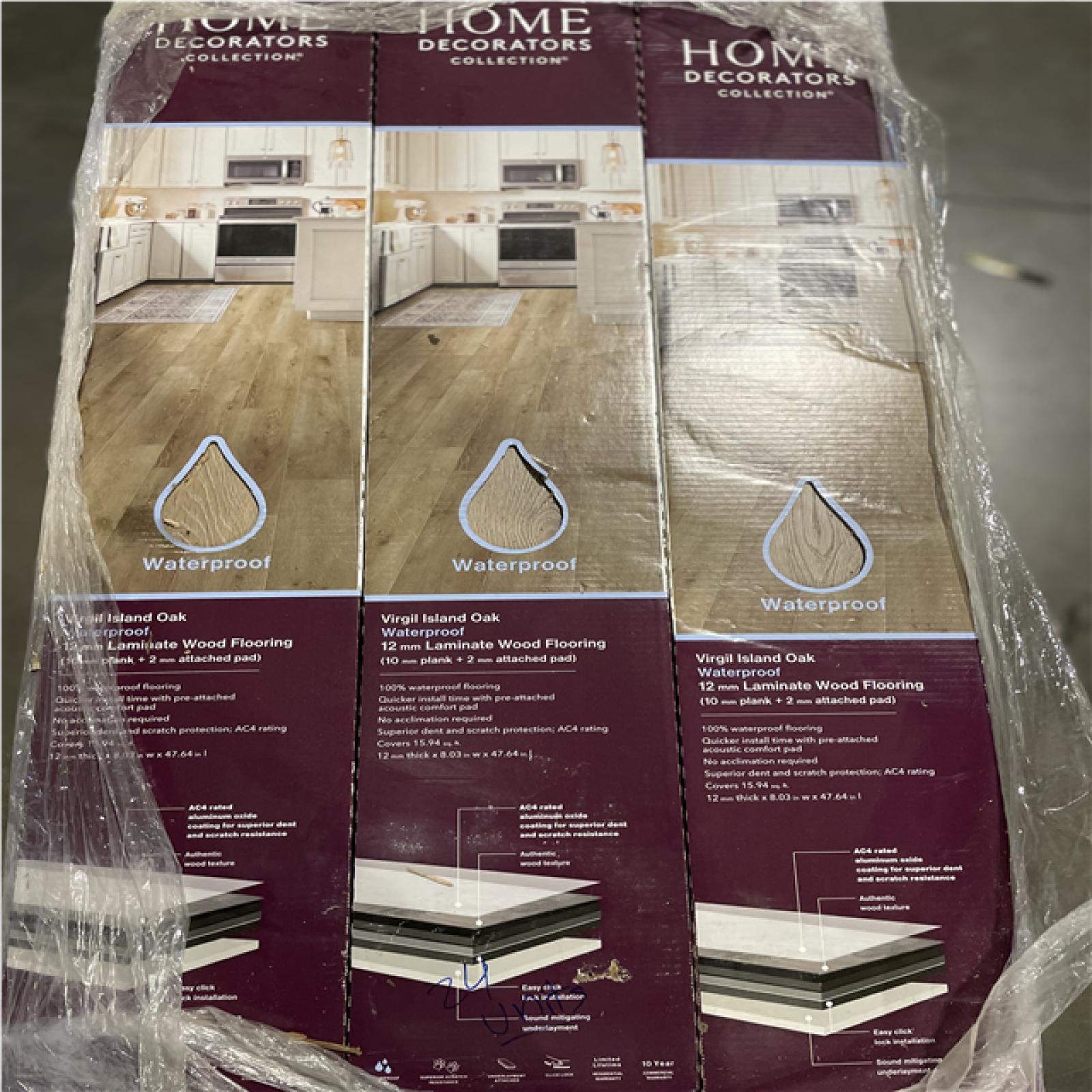 DALLAS LOCATION-Home Decorators Collection Virgil Island Oak 12 mm T x 8 in. W Waterproof Laminate Wood Flooring (15.9 sqft/case)PALLET-(24 CASES)
