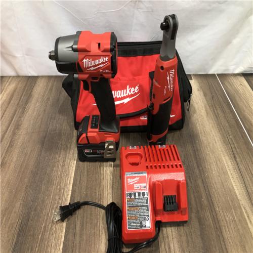AS-IS Milwaukee FUEL 18V Cordless Mid Torque 1/2 in. Impact Wrench w/ M12 FUEL 3/8 in. Ratchet & Battery/Charger Combo Kit