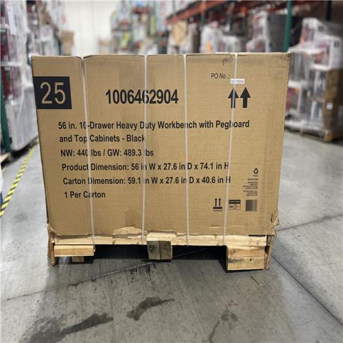 DALLAS LOCATION- AS IS- Husky 56 in. W x 27.6 in. D 10-Drawer Work Bench with Peg Board and Top Cabinets