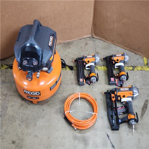 HOUSTON LOCATION - AS-IS RIGID 6 Gal. 150 PSI Electric Air Compressor with 25 Ft. Hose  18GA Brad Nailer  16GA Finish Nailer and 18GA Finish Stapler