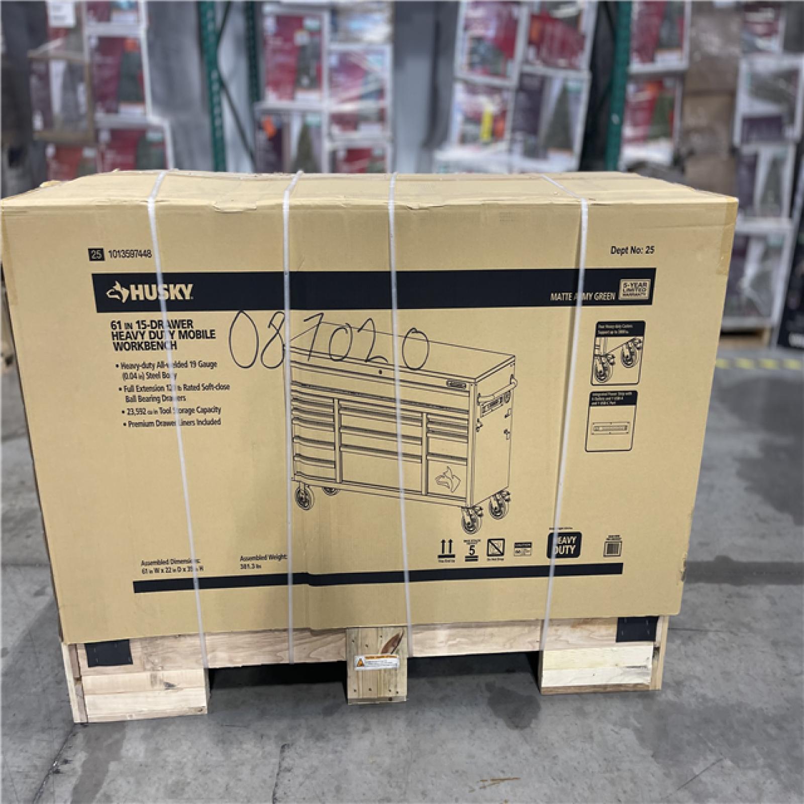 DALLAS LOCATION- Husky Heavy Duty 61 in. W x 23 in. D 15-Drawer Matte Army Green Mobile Workbench Cabinet with Solid Wood Top