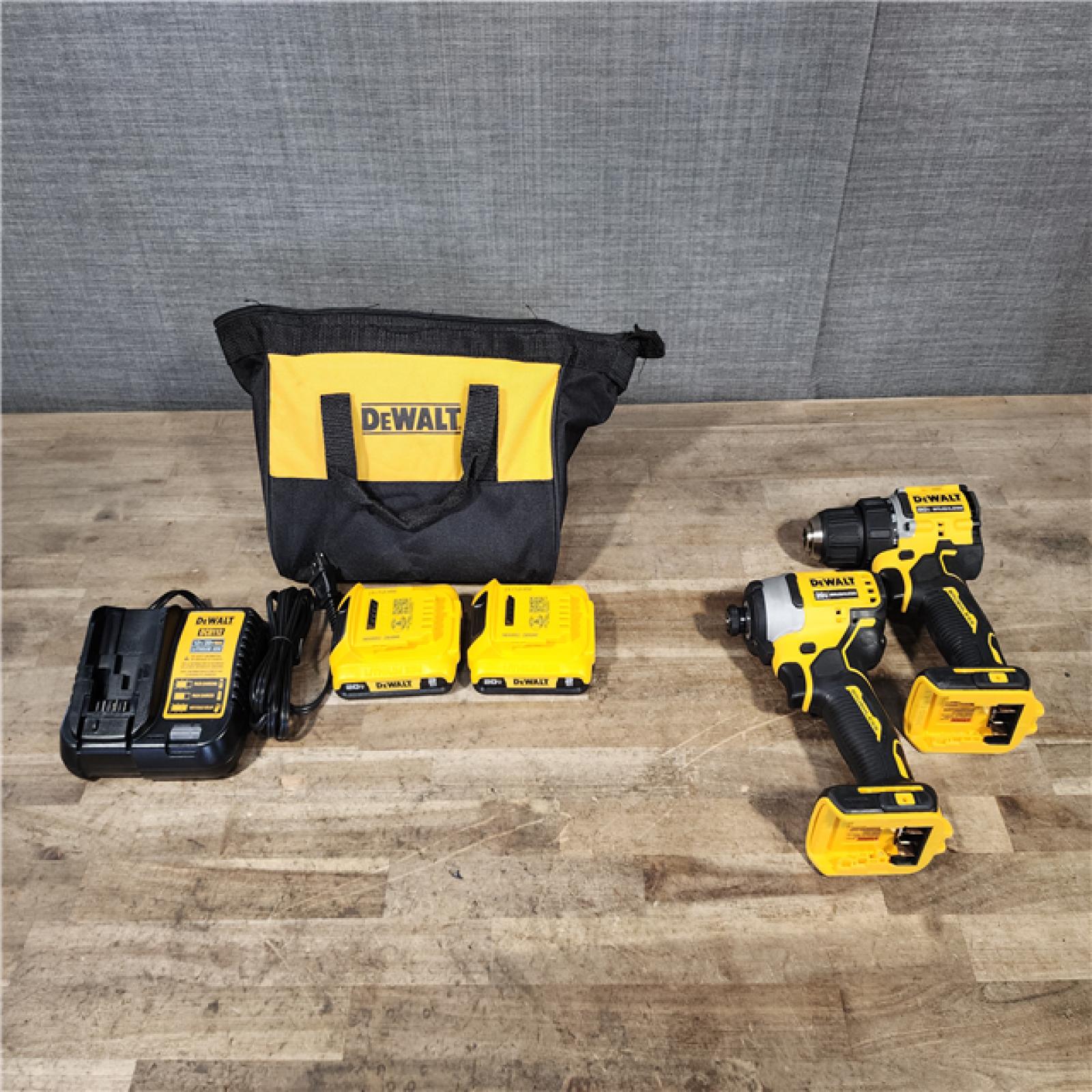 HOUSTON LOCATION - AS-IS Dewalt DCK225D2 20V MAX ATOMIC Brushless Compact Lithium-Ion 1/2 in. Cordless Drill Driver and 1/4 in. Impact Driver Combo Kit with 2 Batteries 2 Ah
