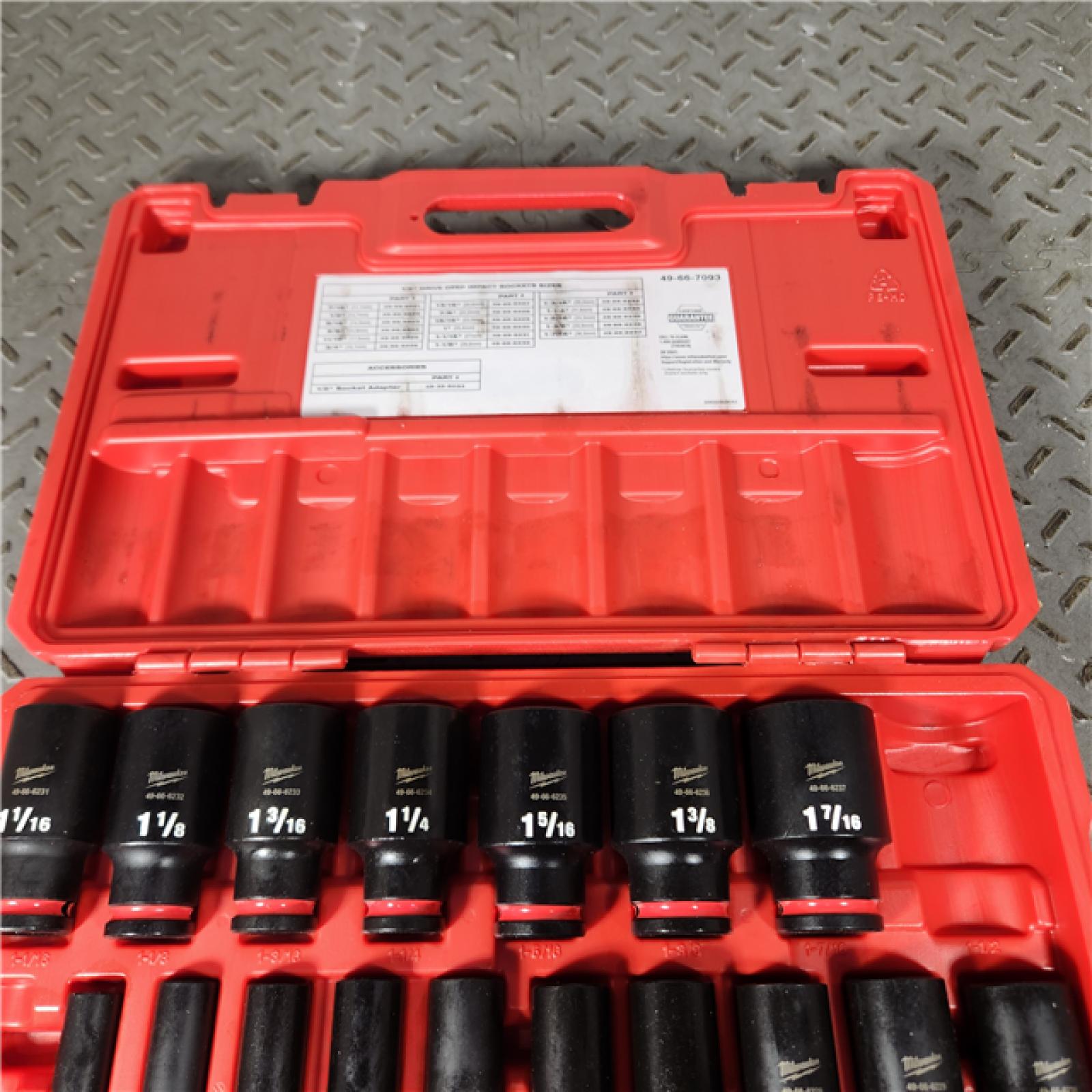 Houston Location - As-Is Milwaukee 49-66-7093 SHOCKWAVE 1/2 in. Drive SAE Deep Well 6 Point Impact Socket Set (18-Piece)(MISSING 3/8, 1-1/2) - Appears IN LIKE NEW Condition