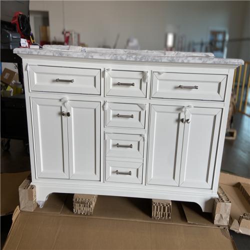 DALLAS LOCATION - Home Decorators Collection Windlowe 61 in. Double Sink White Bath Vanity with White Carrara White Marble Top (Assembled)