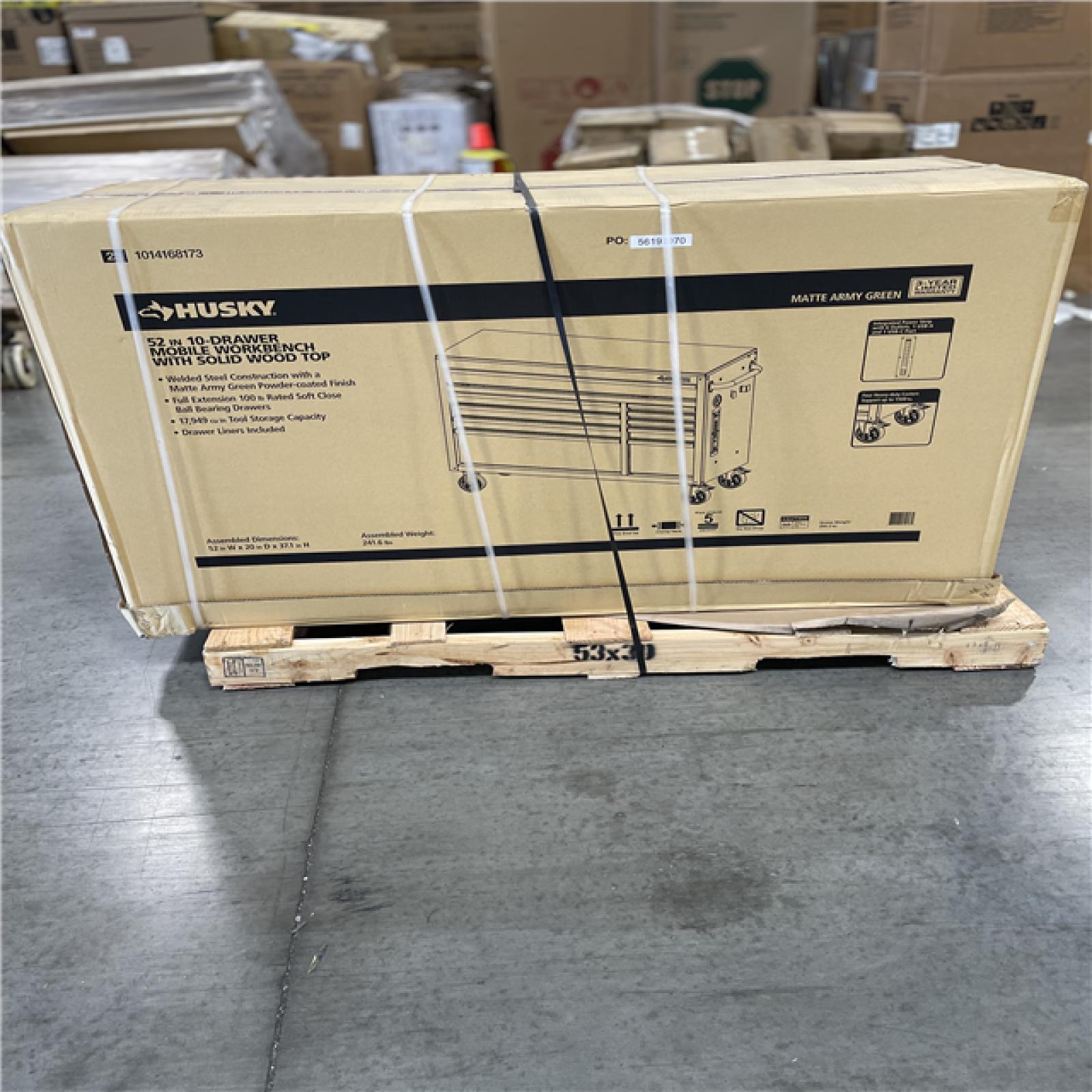 DALLAS LOCATION- AS-IS HUSKY Standard-Duty 52 in. W 10-Drawers Workbench Matte Army Green/Woodtop