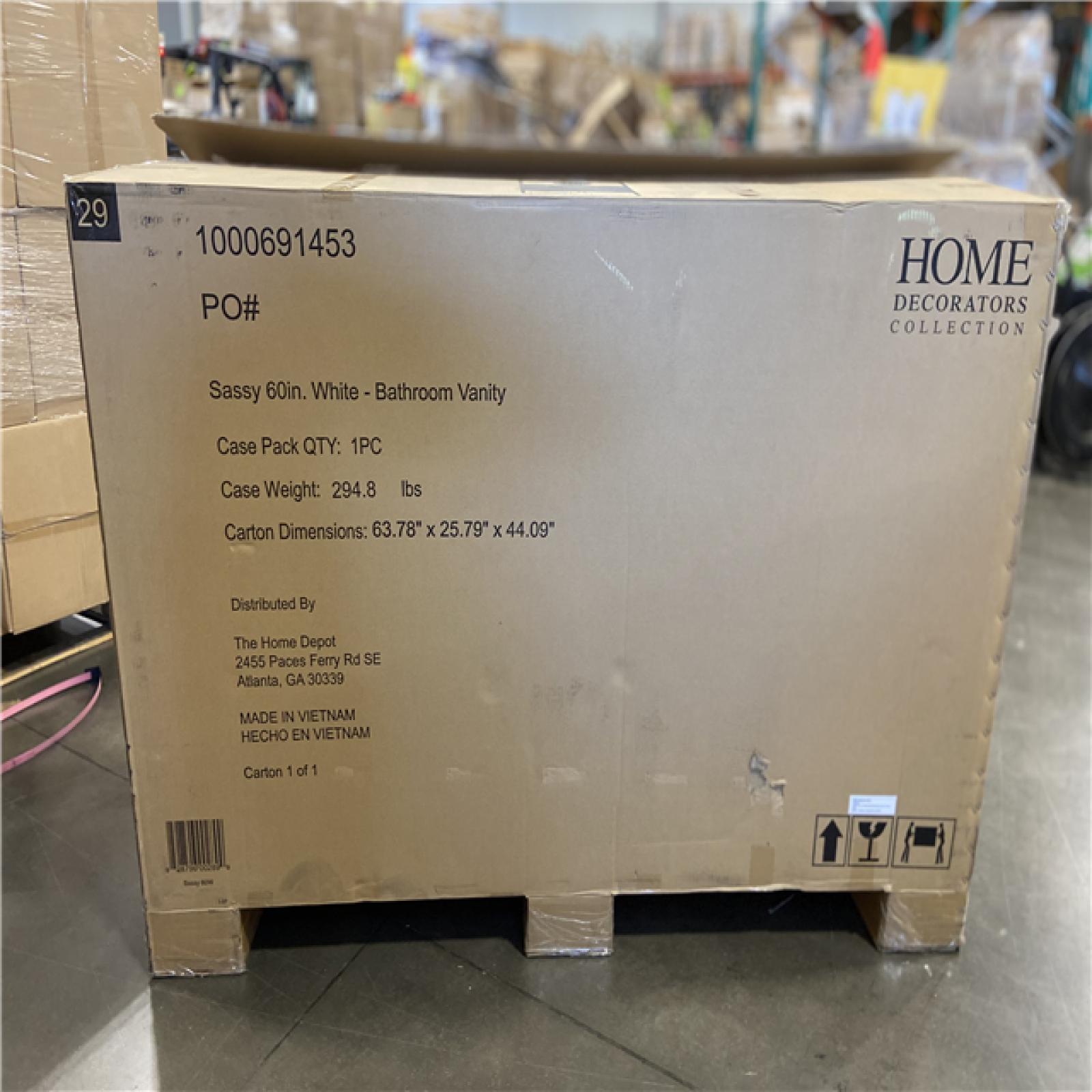 DALLAS LOCATION - Home Decorators Collection Sassy 60 in. Single Sink White Bath Vanity with Carrara Marble Top (Assembled)