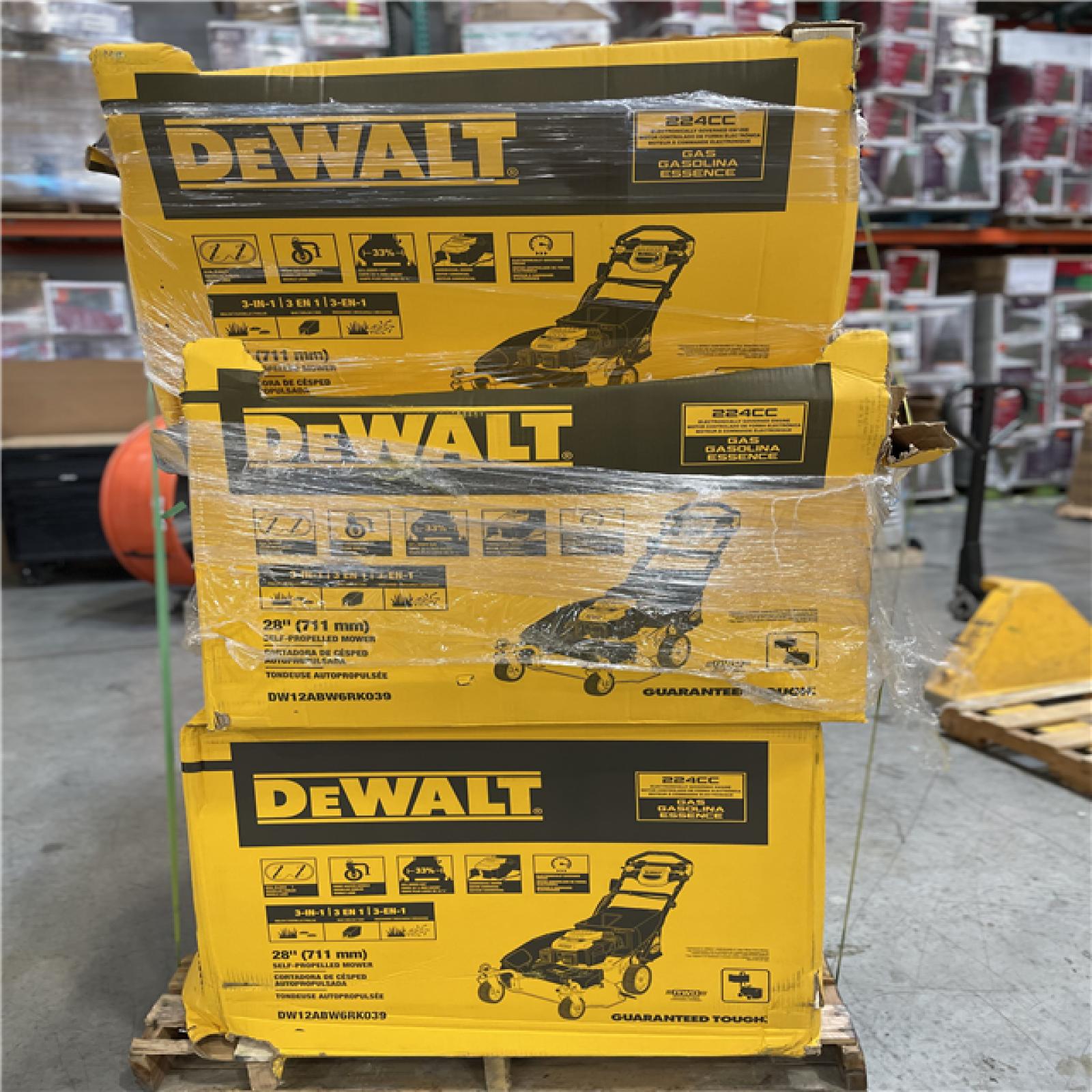 DALLAS LOCATION- AS-IS DeWalt 28 in. 224cc E-GOV Engine 3-in-1 Gas RWD Self-Propelled Lawn Mower PALLET (3 UNITS)