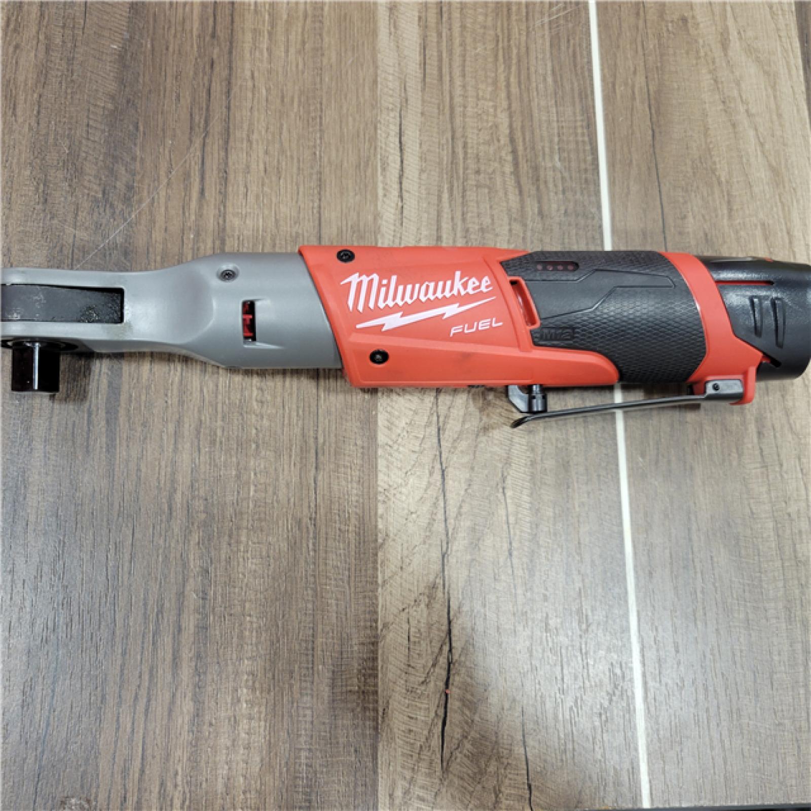 AS-IS  Milwaukee M12 FUEL 12-Volt Lithium-Ion Brushless Cordless 1/2 in. Ratchet Kit W/ (2) 2.0Ah Batteries, Charger & Tool Bag
