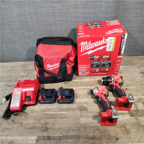 HOUSTON LOCATION - AS-IS Milwaukee M18 18V Lithium-Ion Brushless Cordless Compact Drill/Impact Combo Kit (2-Tool) W/(2) 2.0 Ah Batteries  Charger & Bag