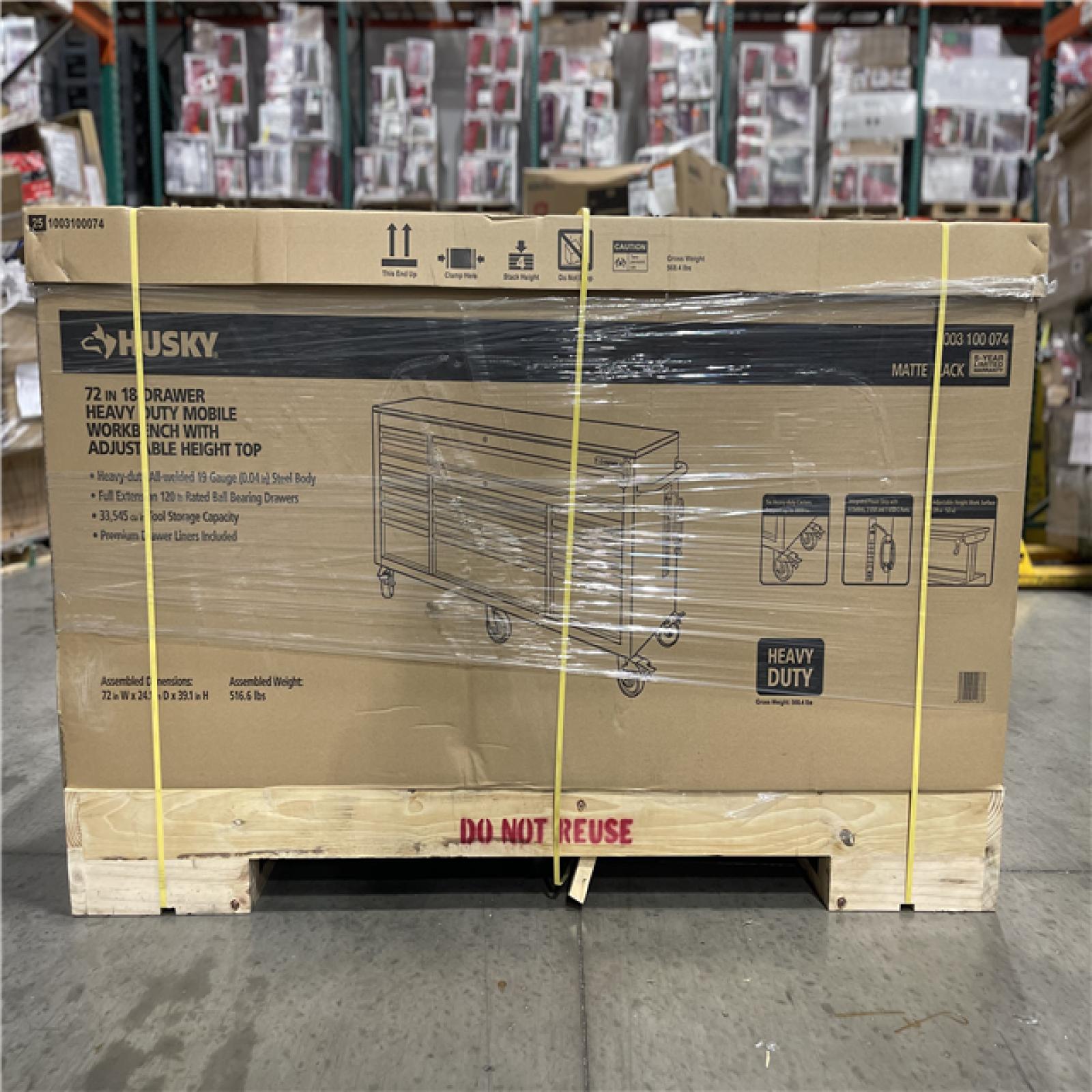 DALLAS LOCATION - Husky 72 in. W x 24 in. D Heavy Duty 18-Drawer Mobile Workbench Cabinet with Adjustable-Height Hardwood Top in Matte Black