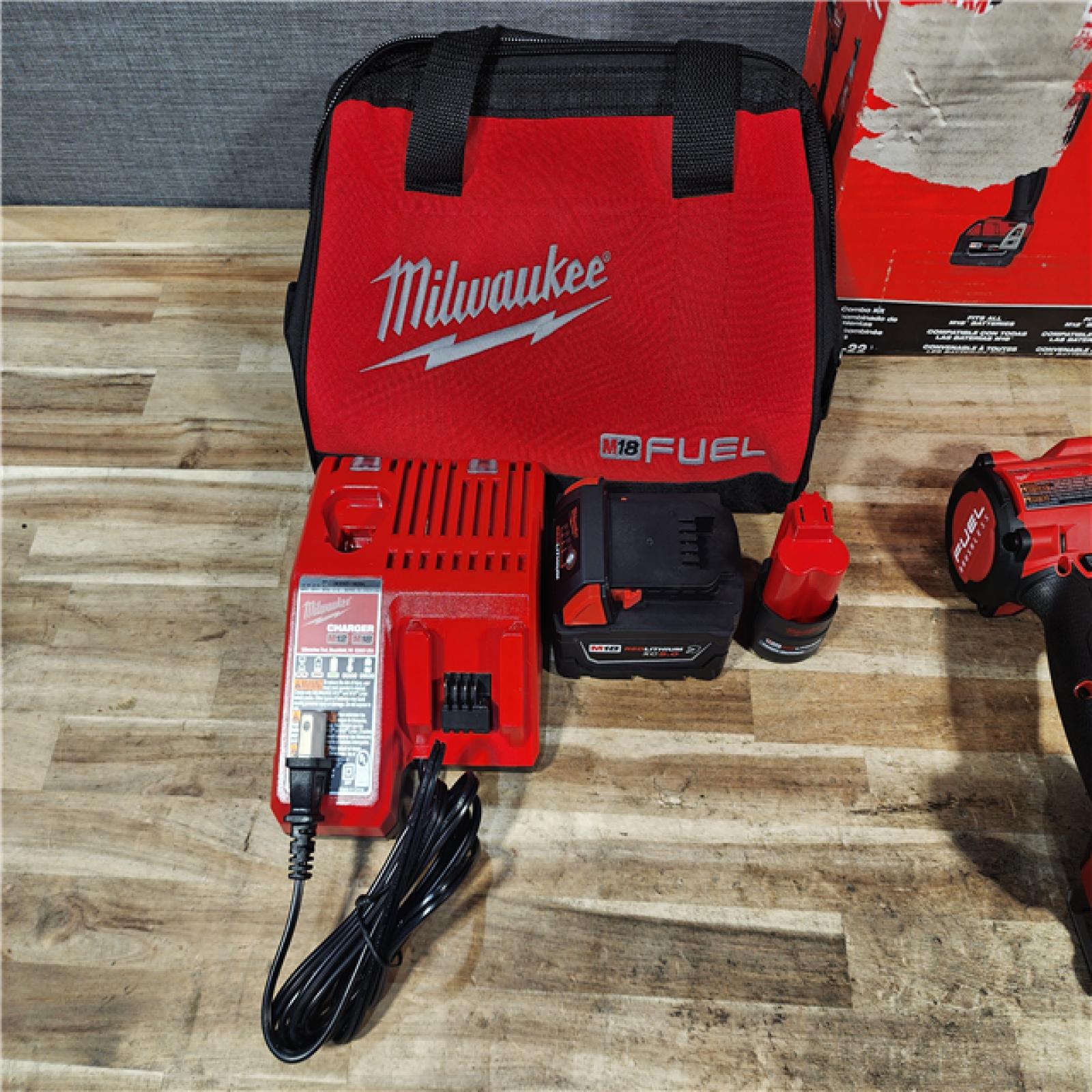 HOUSTON LOCATION - AS-IS (APPEARS LIKE NEW) Milwaukee FUEL 18V Cordless Mid Torque 1/2 in. Impact Wrench w/ M12 FUEL 3/8 in. Ratchet & Battery/Charger Combo Kit