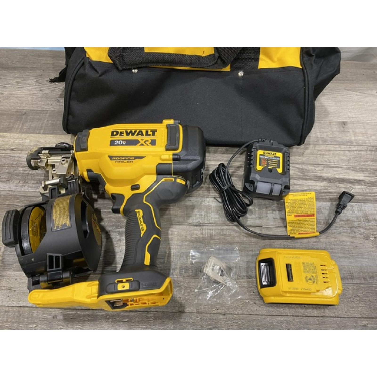 AS-IS DEWALT 20V MAX Lithium-Ion 15-Degree Electric Cordless Roofing Nailer Kit